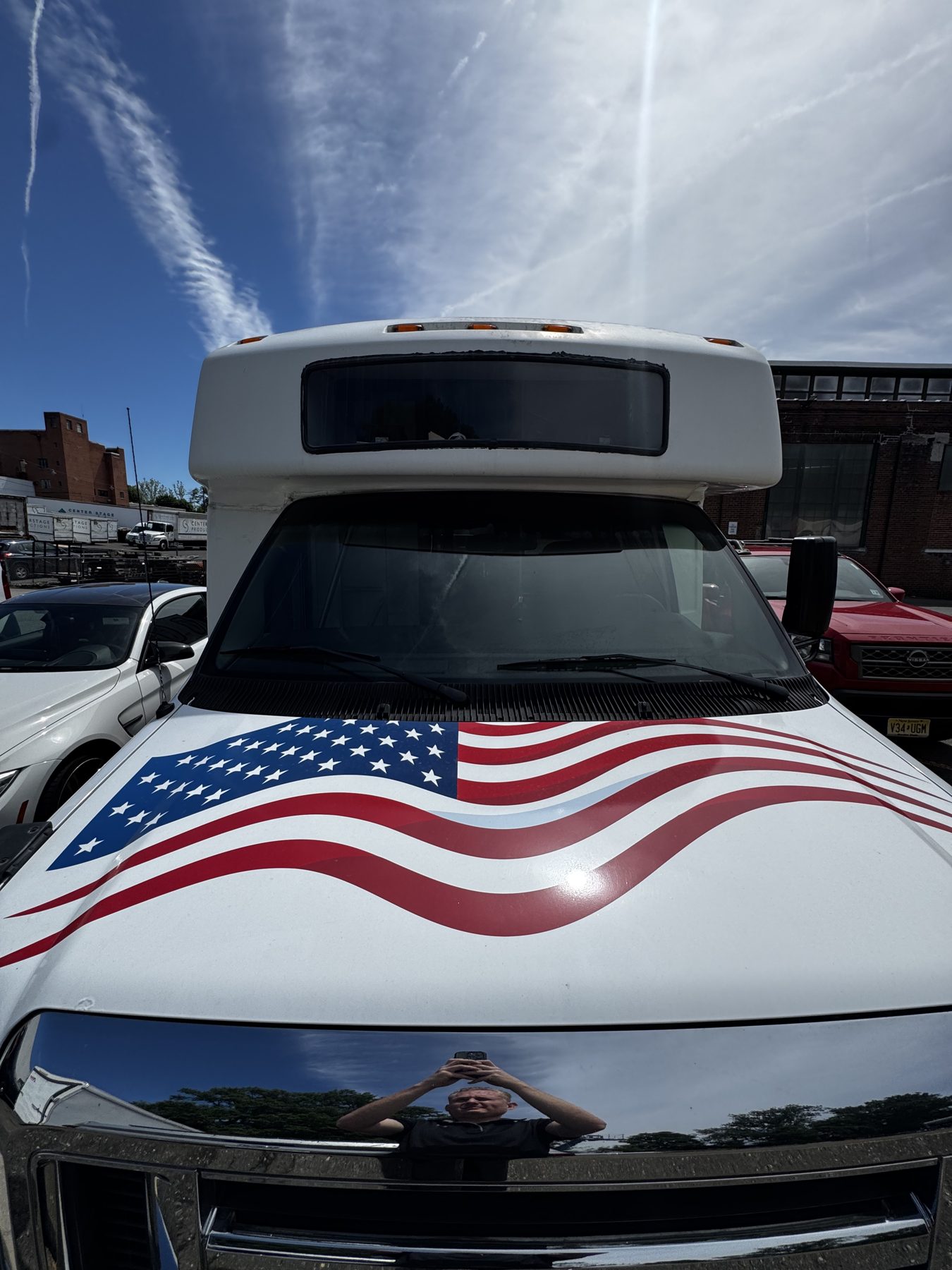 American flag on the hood of the truck